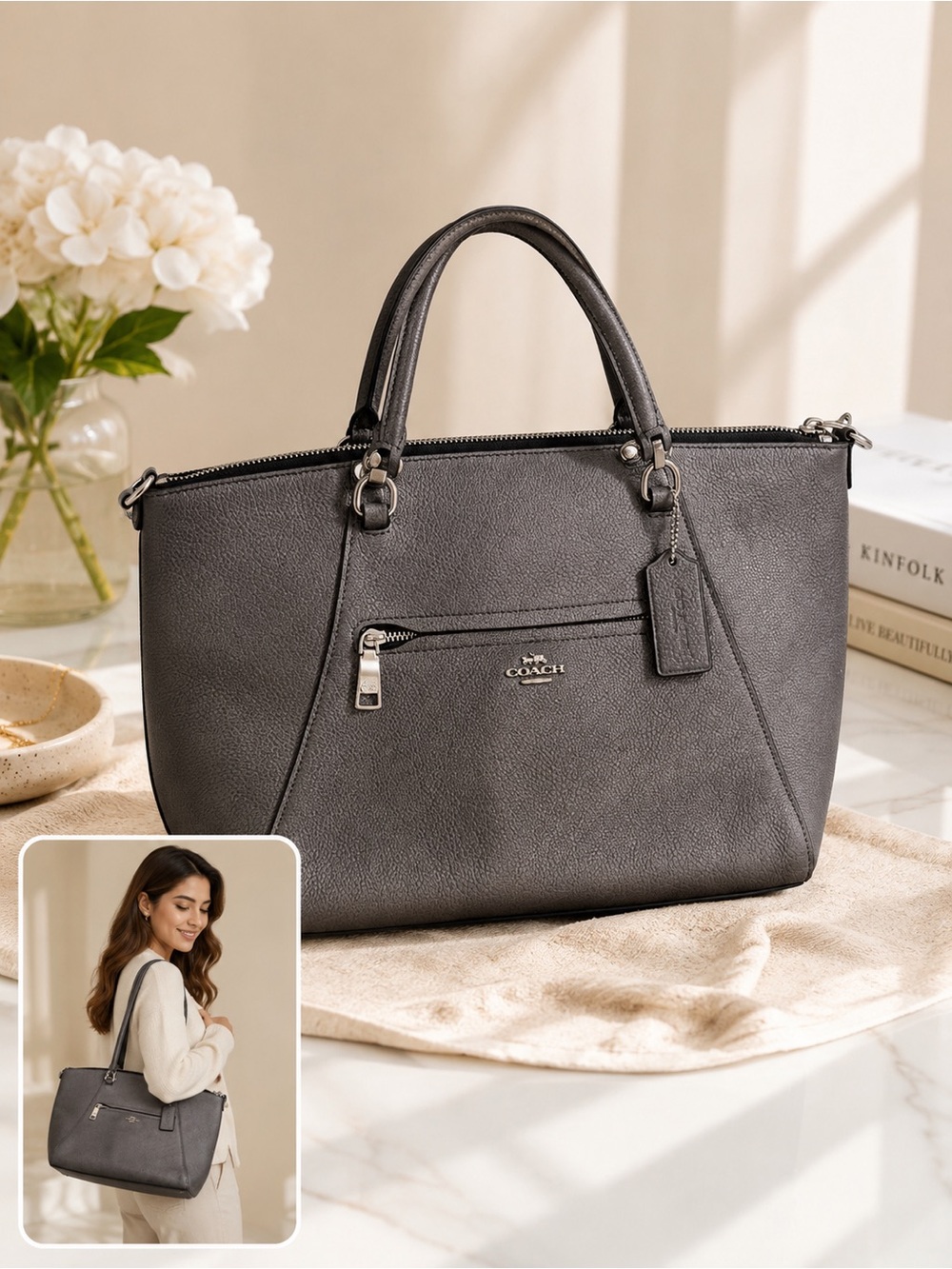 Coach Prairie Satchel Womens Gray Leather Silver Hardware Zip cute preppy y2k